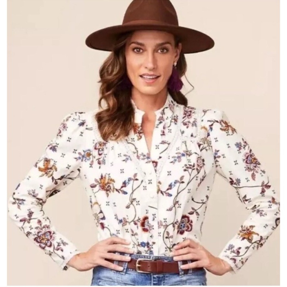 Matilda Jane Womens White Floral Blouse Long Sleeve Button Down Large New